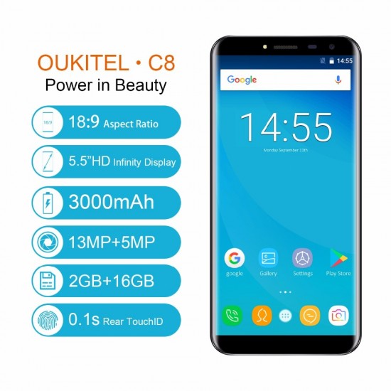 Oukitel C8 5.5"Inch 18:9  Display  Android 7.0 MT6580A Quad Core 3000mAh 2GB RAM+16GB ROM  3G Fingerprint 13MP Camera Cellphone
