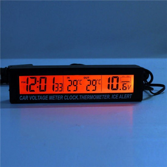 12V/24V In/Out Car Voltage Meter LCD Digital Clock Time Blue&Orange Backlight