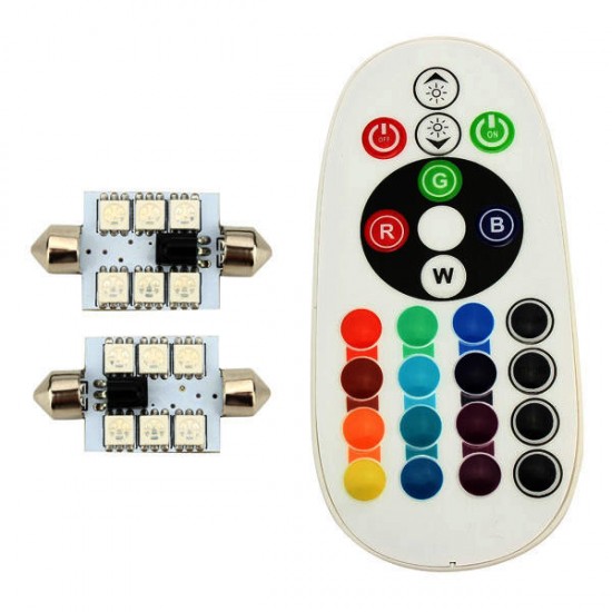 1 Pair RGB Remote Control 5050 Car LED Light Flash Interior Lamp 6SMD 41MM