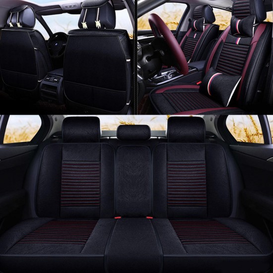 12Pcs Luxury 5-Seat Car Seat Cover Front Rear with Pillow Waist Cushion Black Red