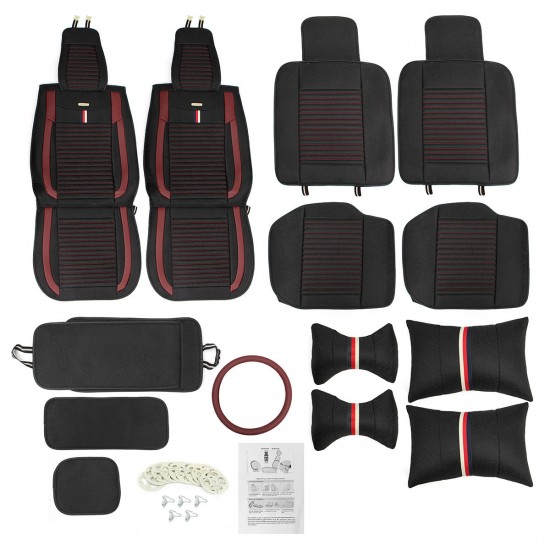 12Pcs Luxury 5-Seat Car Seat Cover Front Rear with Pillow Waist Cushion Black Red