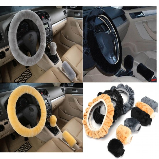 3Pcs Velvet Car Steering Wheel Handbrake Gear Shift Cover Grips Accessory Set 38cm
