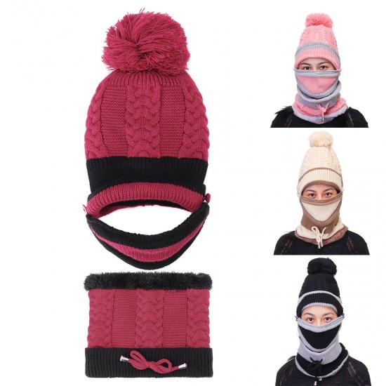 3pcs Women Winter Warm Pom Hat Cap Face Mask Scarf Wool Knit Neck Thickened Plush