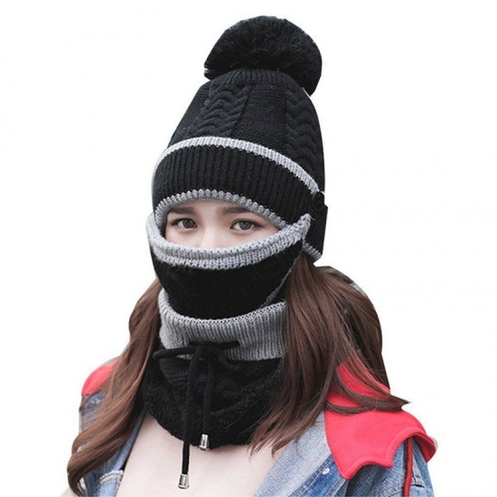 3pcs Women Winter Warm Pom Hat Cap Face Mask Scarf Wool Knit Neck Thickened Plush