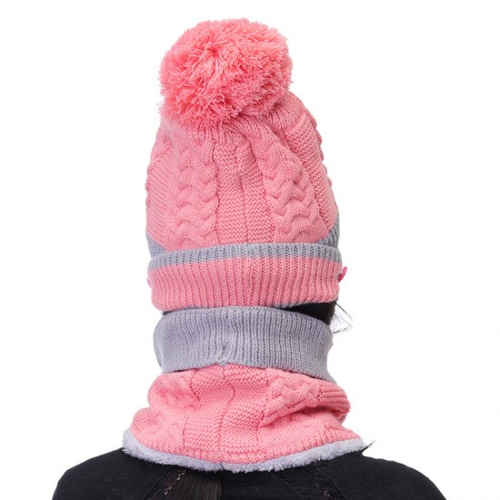 3pcs Women Winter Warm Pom Hat Cap Face Mask Scarf Wool Knit Neck Thickened Plush