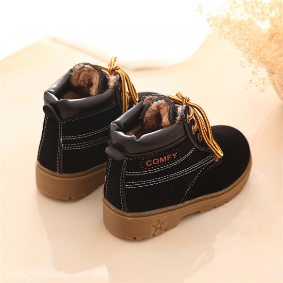 Baby Kids Boy Girl PU Leather Snow Boots Fur Lined Winter Warm Shoes