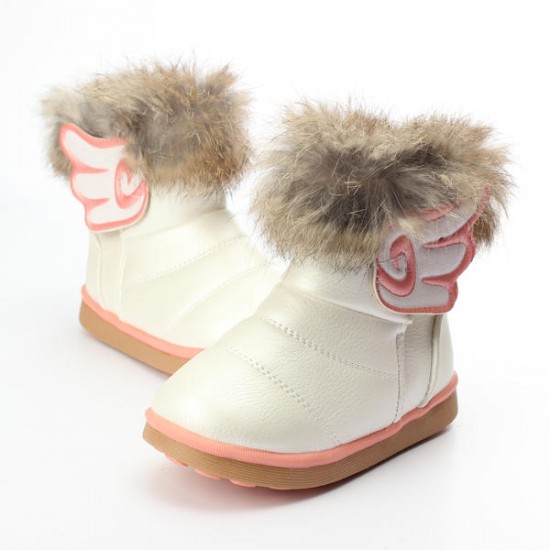 Children Girls Real Rabbit Fur Pu Leather Shoes Winter Warm Snow Boots