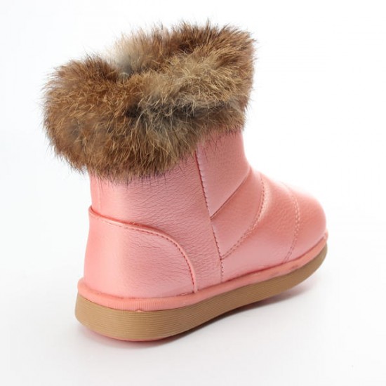 Children Girls Real Rabbit Fur Pu Leather Shoes Winter Warm Snow Boots