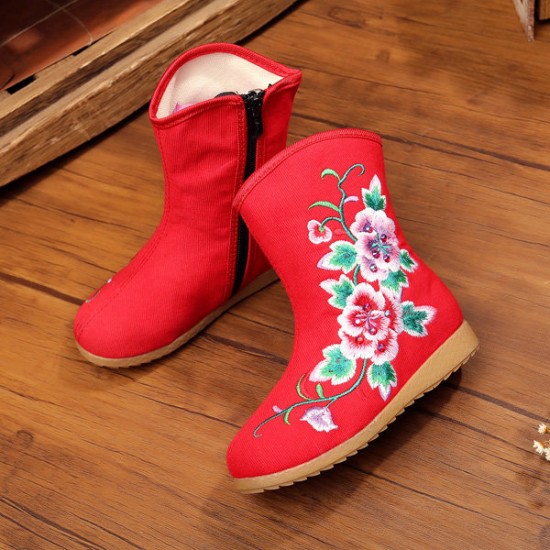 Girls Flower Embroidery Breathable Zipper Round Toe Ankle Short Boots