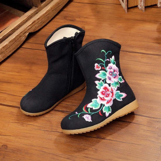 Girls Flower Embroidery Breathable Zipper Round Toe Ankle Short Boots