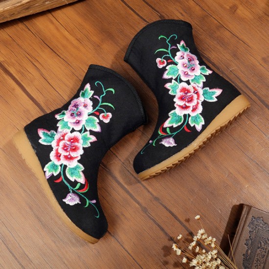 Girls Flower Embroidery Breathable Zipper Round Toe Ankle Short Boots