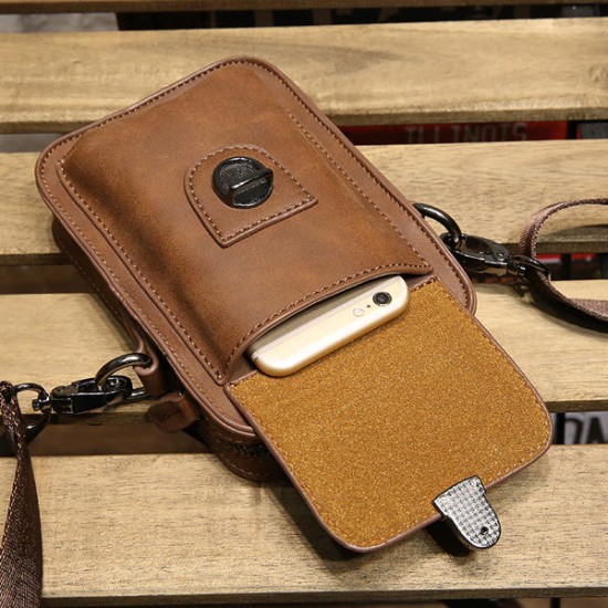 7inch Cell Phone Waist Bag Men Retro PU Leather Waist Bag Crossbody Bag