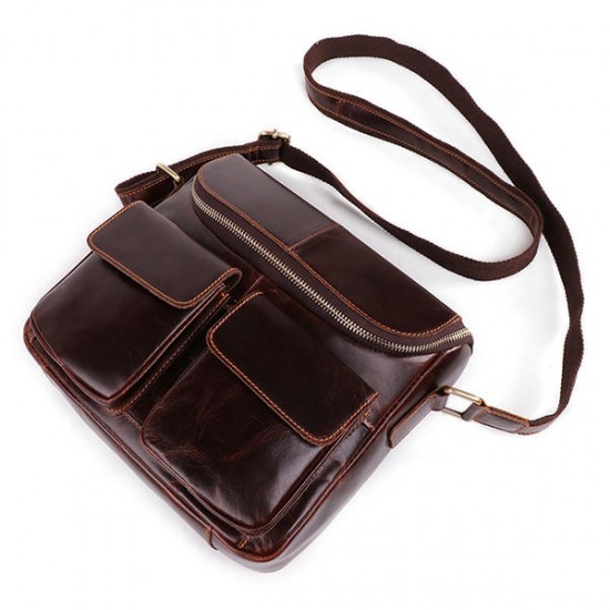 Genuine Leather Retro Postman Crossbody Bags Casual Briefcase Oil Wax Shoulder Bag For Men