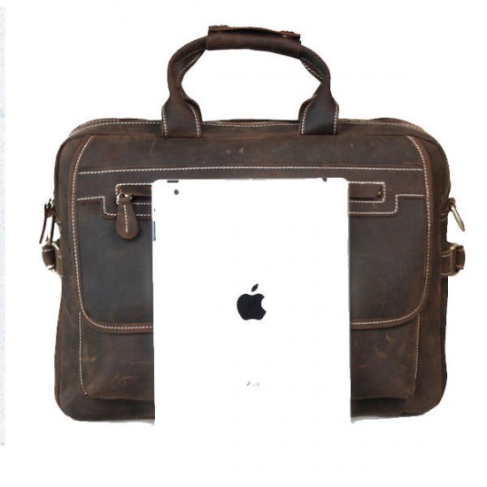 Men Genuine Leather Leisure Crossbody Bag Vintage Style 15.6inch Computer Handbag