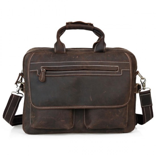 Men Genuine Leather Leisure Crossbody Bag Vintage Style 15.6inch Computer Handbag