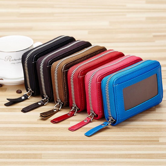 14 Card Slots Unisex Genuine Leather Minimalist Card Bag Multifunctional Zipper Card Holder
