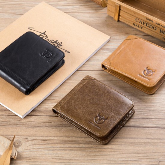 Bullcaptain Men Trifold Wallet Classic Short Thin Wallet Card Holder