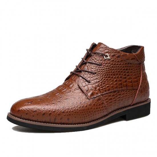 Lace Up Shoes Crocodile Pattern Pointed Toe Leather Short Boots For Men