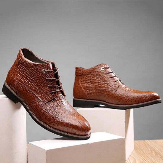 Lace Up Shoes Crocodile Pattern Pointed Toe Leather Short Boots For Men