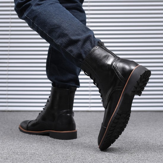 Men Brogue Classic Cowboy Lace Up Mid-calf Boots