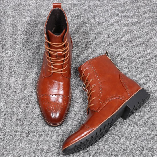 Men Brogue Classic Cowboy Lace Up Mid-calf Boots