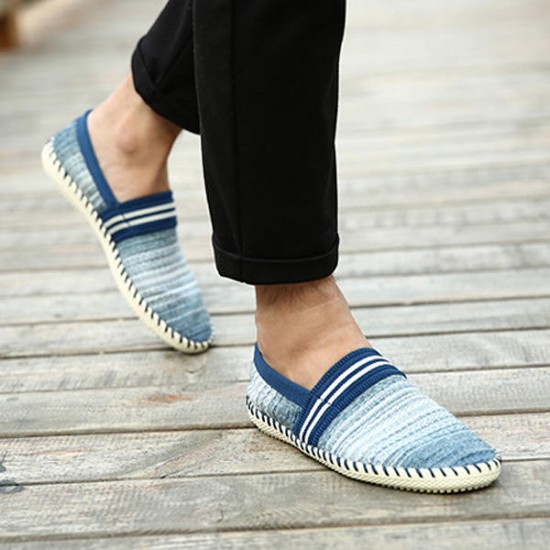 Casual Slip On Linen Cloth Breathable Soft Sole Flat Shoes Stripe Driving Shoes