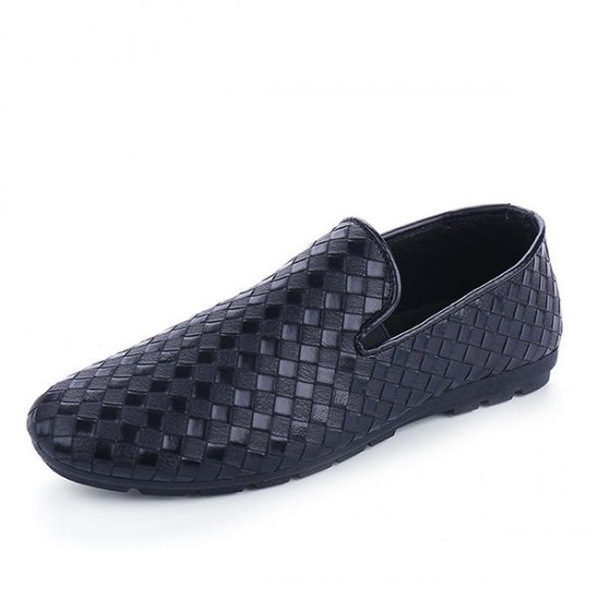 Men New Fashion PU Leather Woven Breathable Slip On Casual Driving Shoes Loafer