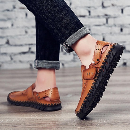 Men Breathable Hollow Outs Genuine Leather Hook Loop Oxfords Casual Shoes