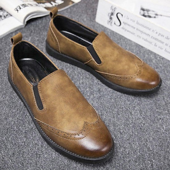 Men Genuine Leather Casual Brogue Style Slip On Oxfords Comfy Loafers Shoes