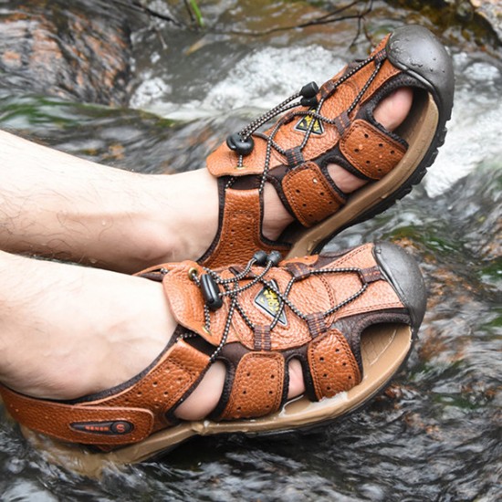 Genuine Leather Beach Sandals Outdoor Round Toe Flat Shoes