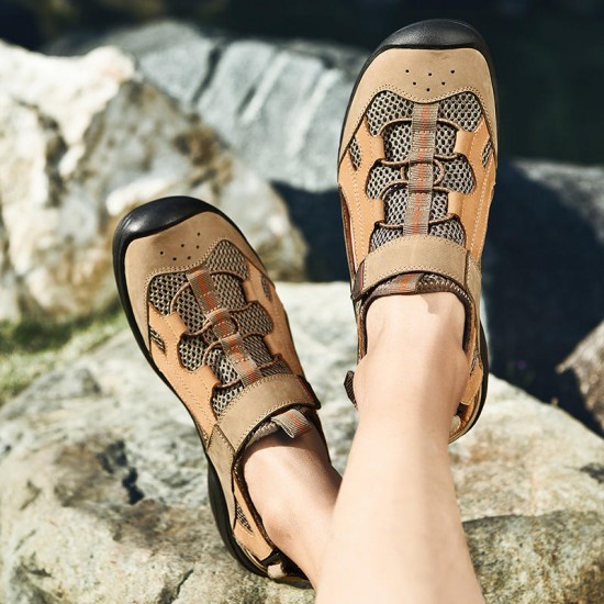 Genuine Leather Breathable Mesh Hollow Outdoor Hiking Sandals