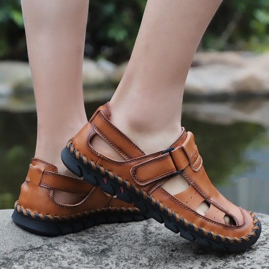 Hand Stitching Lifted Toe Hook Genuine Leather Sandals
