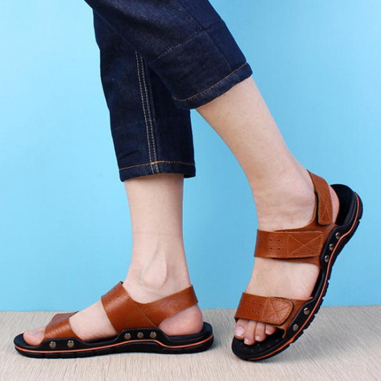 Large Size Men Comfy Breathable Genuine Leather Hook Loop Sandals Shoes