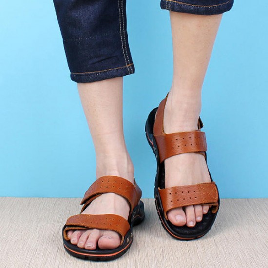 Large Size Men Comfy Breathable Genuine Leather Hook Loop Sandals Shoes