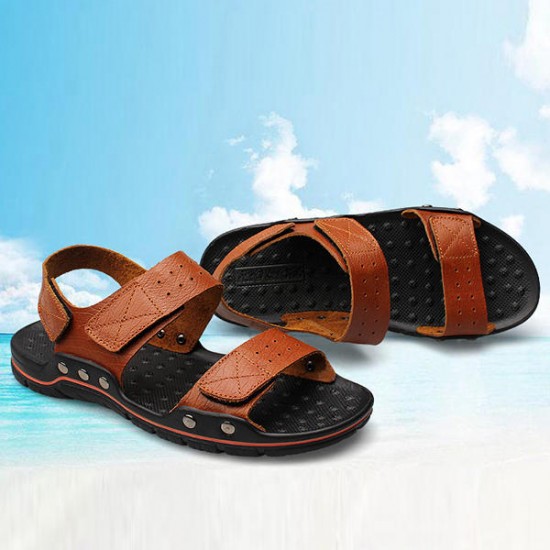 Large Size Men Comfy Breathable Genuine Leather Hook Loop Sandals Shoes