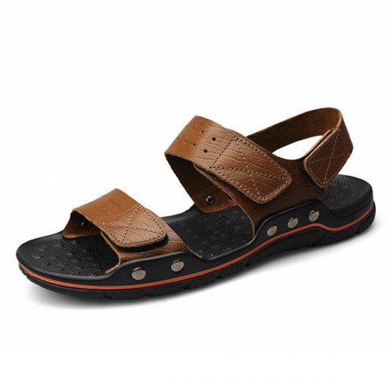 Large Size Men Comfy Breathable Genuine Leather Hook Loop Sandals Shoes