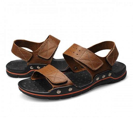 Large Size Men Comfy Breathable Genuine Leather Hook Loop Sandals Shoes