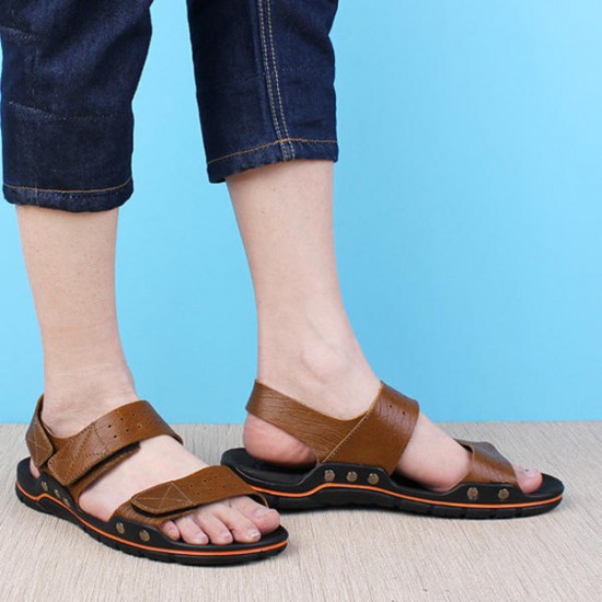 Large Size Men Comfy Breathable Genuine Leather Hook Loop Sandals Shoes