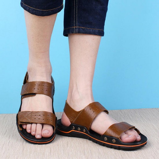 Large Size Men Comfy Breathable Genuine Leather Hook Loop Sandals Shoes