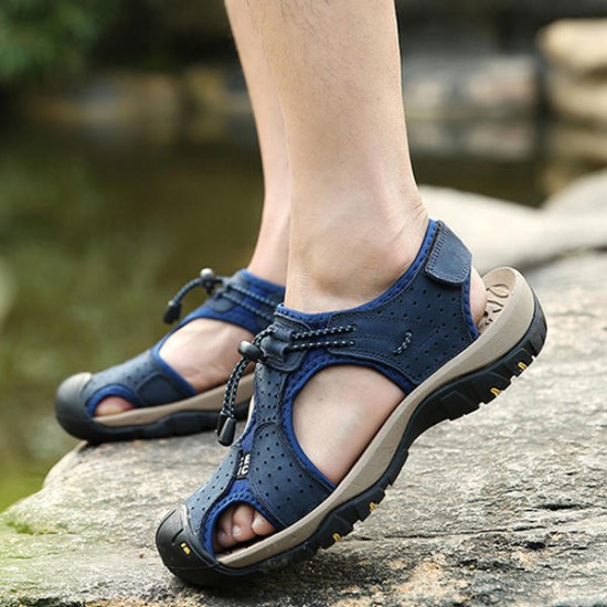 Men Anti Collision Toe Breathable Hollow Outs Adjustable Lace Up Sandals Shoes