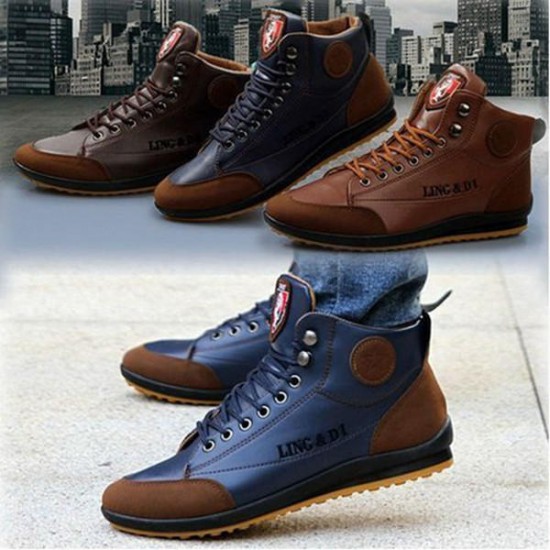 Comfy Men Casual Leather High Top Sneakers Ankle Boots Lace Up Shoes