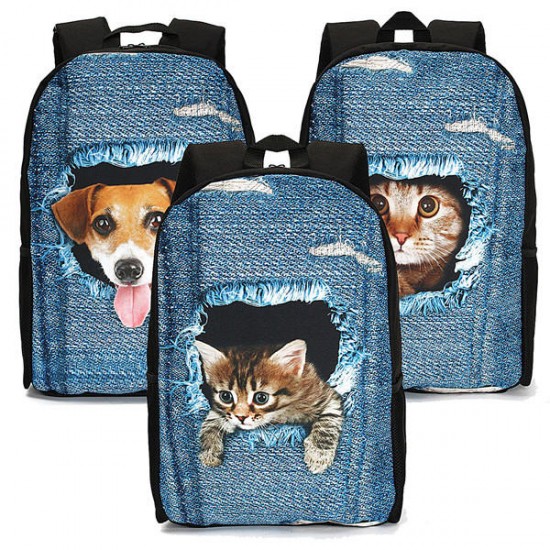 3D Cat Backpack Dog Pattern Denim School Book Bags Travel Bags