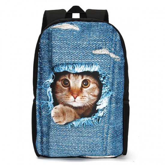 3D Cat Backpack Dog Pattern Denim School Book Bags Travel Bags