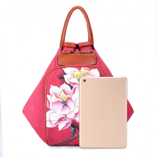 Brenice Women Canvas Backpack Travel Bag Print Lotus National Shoulder Crossbody Bag