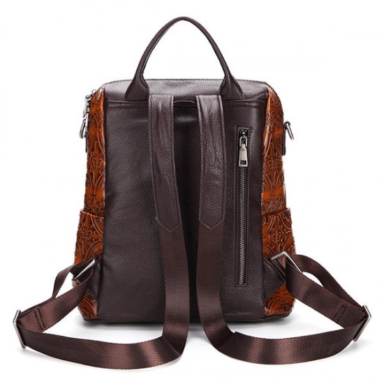 Brenice Women Genuine Leather Brush Color Travel Backpack Embossed Shoulder Bag