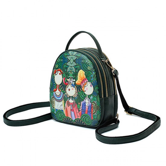 Women Faux Leather Forest Printed Pattern Backpack Shoulder Bag Crossbody Bag