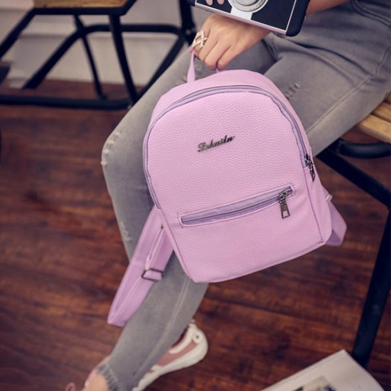 Women PU Leisure Candy Color School Bag Backpack Shoulder Bag