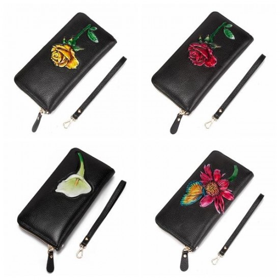 Brenice Women Cowhide Embossed Floral Long Wallet Vintage Zipper Clutch Bag Purse