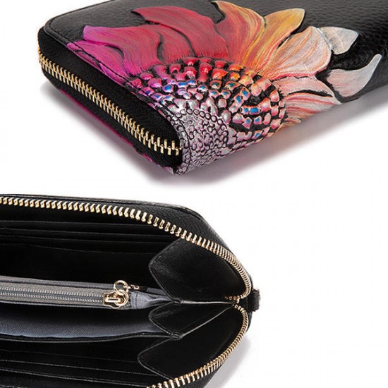 Brenice Women Cowhide Embossed Floral Long Wallet Vintage Zipper Clutch Bag Purse