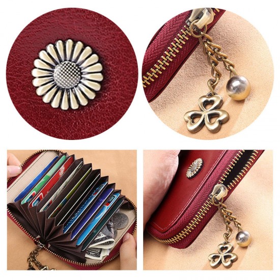 Women Card Holder Purse Genuine Leather Minimalist Fashion 11 Card Slots Zipper Wallet